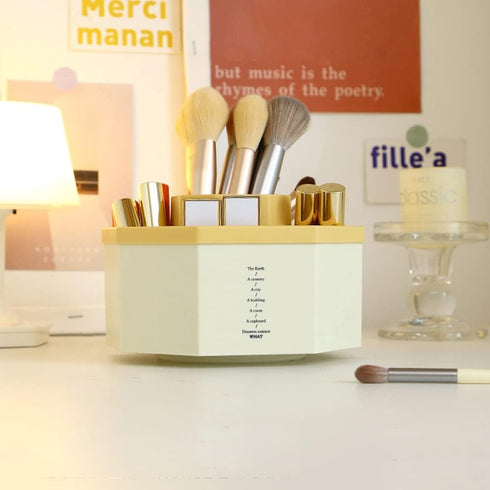 kaileyouxiangongsi 360-Degree Rotating Desk Organizer, 5 Compartments, Multi-Functional Storage Box, White+Yellow
