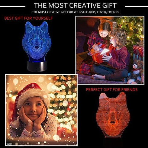 3D 7 Ticent Animals Wolf Night Light Touch Control Desk Lamps, Color Changing Table Lights with Acrylic Flat, ABS Base