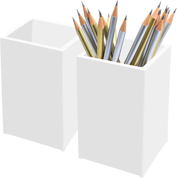 White Acrylic Pencil Pen Holder Cup 2 Pack, Modern Desk Accessories for Makeup Brush Storage, 2.6x2.6x4 inches