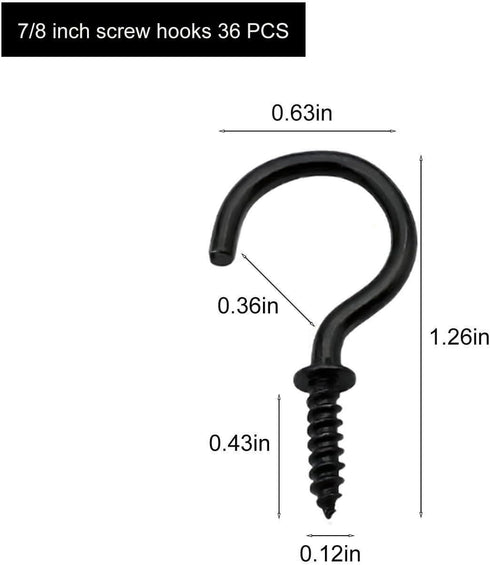 Black Ceiling Screw Hooks, 7/8 Inch Screw-in Light Hanging Cup Hooks, 36 Pack