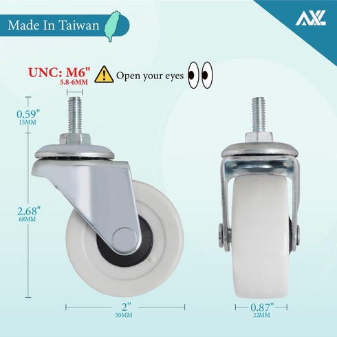 M6-1.0 2 Inch M6 15mm Set 4 (2 2 Threaded Stem Caster Wheels, PVC Silent Castors, x Replacement Wheels for Utility