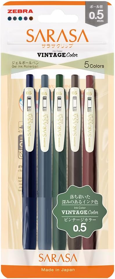 Zebra Gel Ballpoint Pen Sarasa Clip, 0.5mm Vintage Color Set of 5