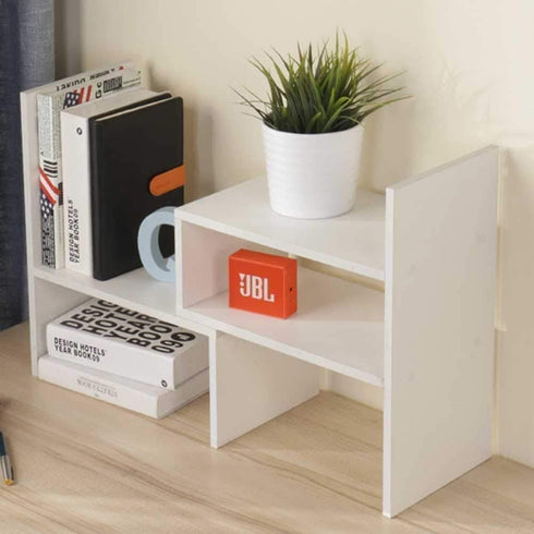 Small Wood Adjustable Desktop Bookshelf, Expandable Storage Organizer for Office Supplies, White