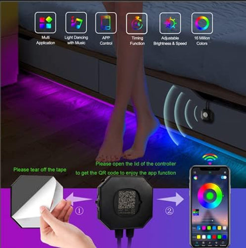 9.84ft 5050 Dimmable Motion Activated Under Bed Lights, RGB Color Changing LED Strip Lights with Sensor, APP Control