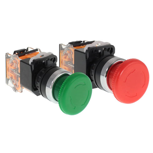 Emergency Push Button Switch, Green & Red Mushroom Head for Home or Industrial Equipment, 22mm, Stay-Put (2 Pack)