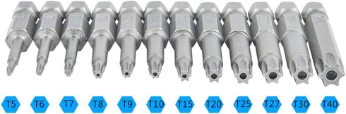 12 Pack Torx Head Screwdriver Bit Set, DanziX 1/4 inch Hex Shank T5-T40 S2 Steel Security Tamper Proof Tool Kit