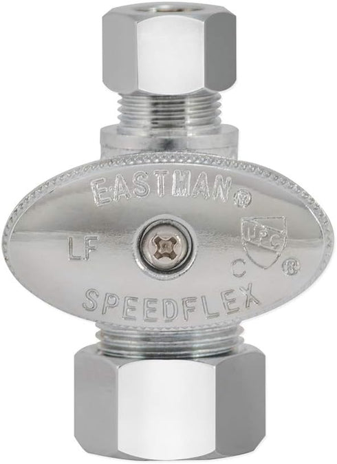 Eastman Quarter-Turn Straight Stop Valve, 5/8 Inch OD Compression Inlet x 3/8 Inch OD Compression Outlet, Chrome Plated