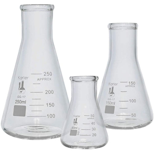Glass Erlenmeyer Flask Set, 3 Sizes, 50, 150 and 250ml, Karter Scientific