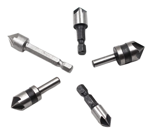 Chiloskit 5pc 5 Flutes 82 Degree Chamfer Countersink Deburring Drill Bit Set for Wood Metal Plastic Tool Kit