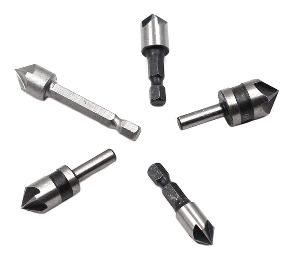 Chiloskit 5pc 5 Flutes 82 Degree Chamfer Countersink Deburring Drill Bit Set for Wood Metal Plastic Tool Kit