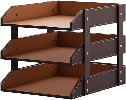 Leather Desk Organizer, Thipoten 3-Tier Stackable Letter Tray Holder for Office Supplies, Paper, File, Magazine,