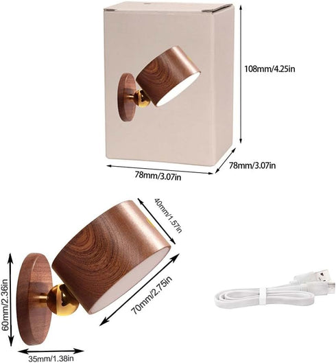 1-Pack 360 Dimmable LANDGOO Wood Wall Sconce, Sapele Wood Magnetic Rotatable Cordless Bedside Lamp, Rechargeable & LED