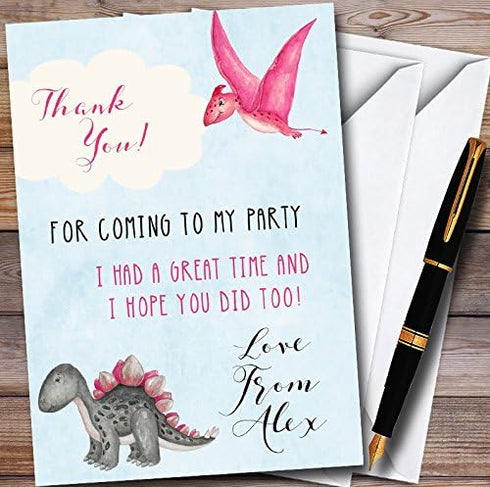 The Card Zoo Girls Pink Watercolour Dinosaur Personalized Childrens Birthday Party Thank You Cards