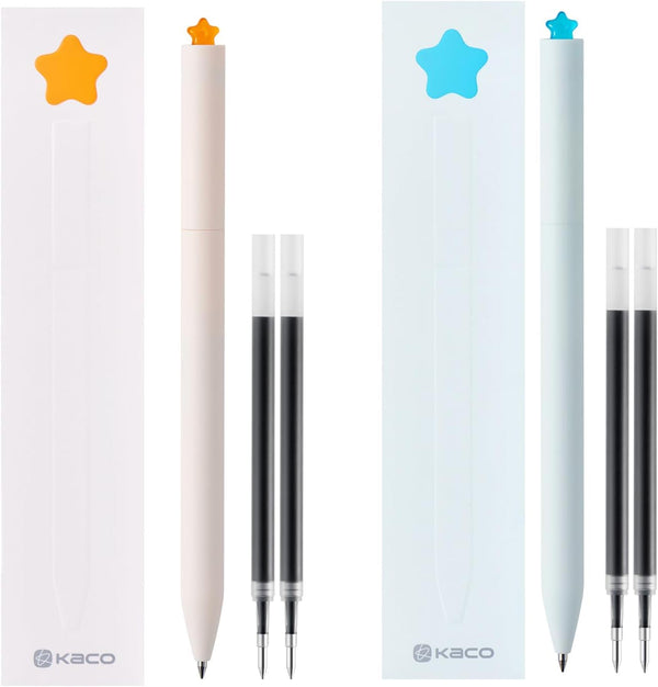 Kaco FIRST Gel Pens, Cute Stationery, 2 Pieces Black Ink with 4 Extra Refills, 0.5mm Fine Point, Aesthetic Star Pens