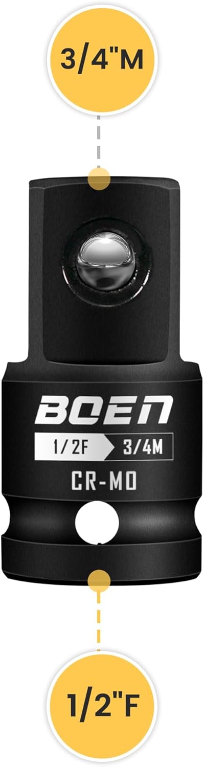 Boen 1/2" F to 3/4" M Impact Socket Adapter, Cr-Mo Steel,Socket Adapter Set for Impact Driver Conversions