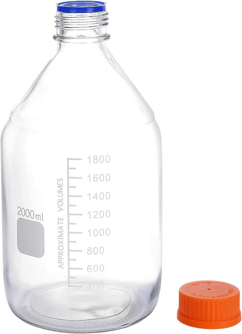 1 Piece 2000 ml 2 Liter Graduated Round Glass Bottle with GL45 Orange Polypropylene Screw Cap