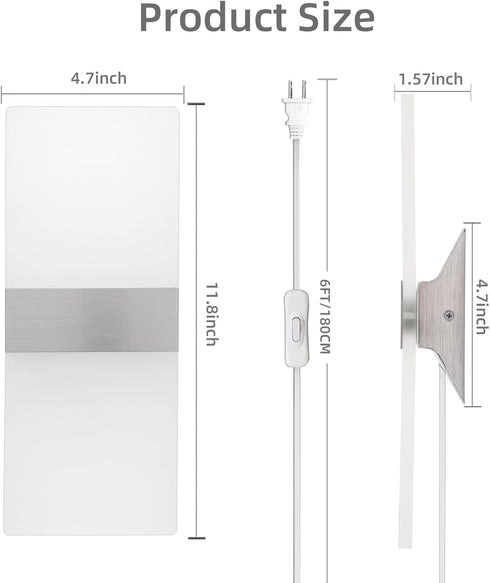 10W 6000K 6FT/180cm (1 Pack) KICAAO Wall Sconces, Modern Wall Sconce Plug in Cool White Acrylic Wall Lights with Plug