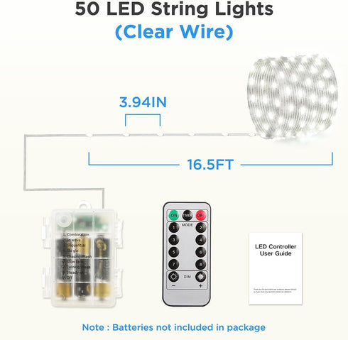 16.5ft (1 Pack), 50 Battery Operated String Lights LED Fairy String Lights Battery Powered with Remote & Timer