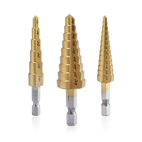 Aleric Step Drill Bit Set, Titanium Coated, High Speed Steel Cone Bits for Sheet Metal Hole Drilling, 3pcs