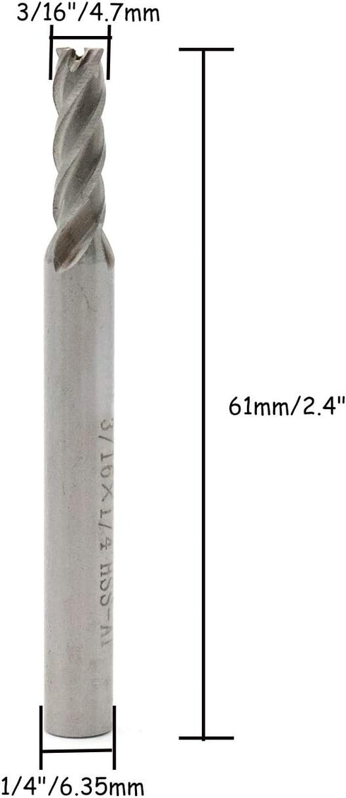 End Mill 3/16" Cutting Dia, 1/4" Shank Dia, 4 Flute Drill Bit - 5pcs