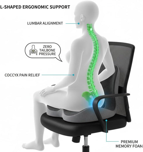 SOWAXGO Memory Foam Seat Cushion for Office Chair & Car Seat, Ergonomic Coccyx Cushion for Pressure Relief & Back