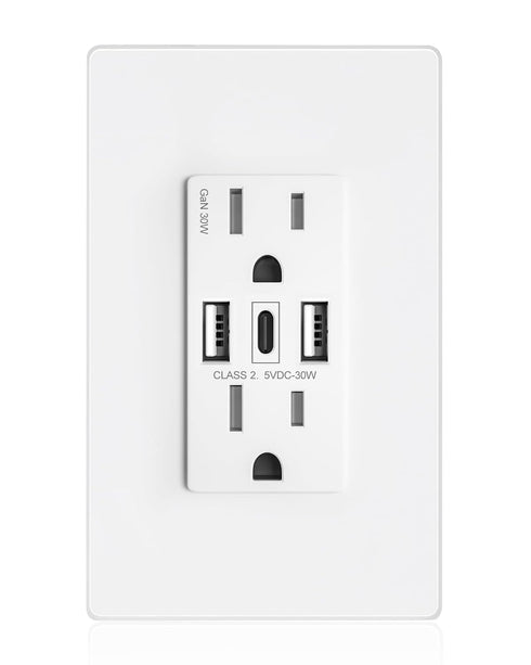 USB Wall Outlet, 30W GaN 6.0A Receptacles with 3 USB Ports, 15 Amp Tamper-Resistant Electrical Outlet