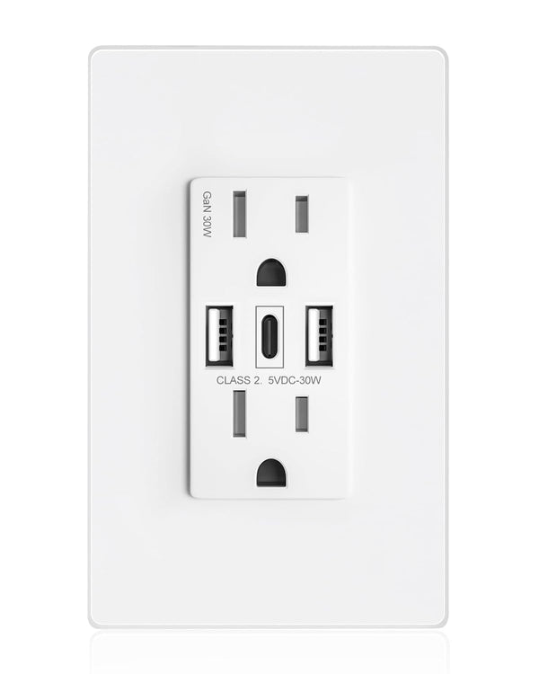USB Wall Outlet, 30W GaN 6.0A Receptacles with 3 USB Ports, 15 Amp Tamper-Resistant Electrical Outlet