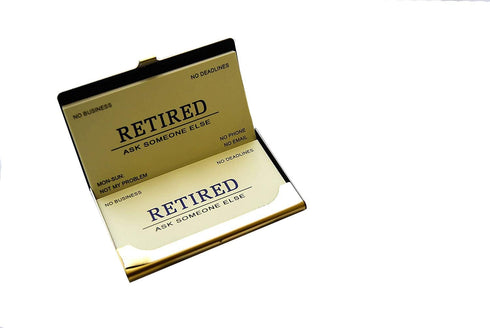 RXBC2011 Retired Business Cards, Funny Retirement Gift Pack of 50 with Gold Mirror Stainless Steel Case