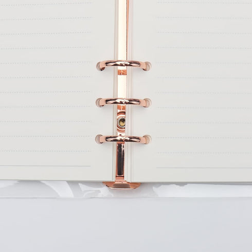 Clear A6 Binder, 6-Ring Soft PVC Cover, Rose Gold Round Ring, PU Leather Snap Button Refillable Notebook Protector with