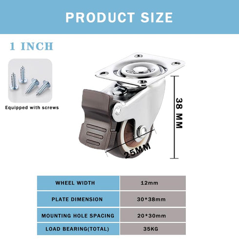 1 inch 360 Set 4 (2 2 Small Caster Wheels Low Profile Degree Swivel Casters of Rolling Plate Caster Wheels