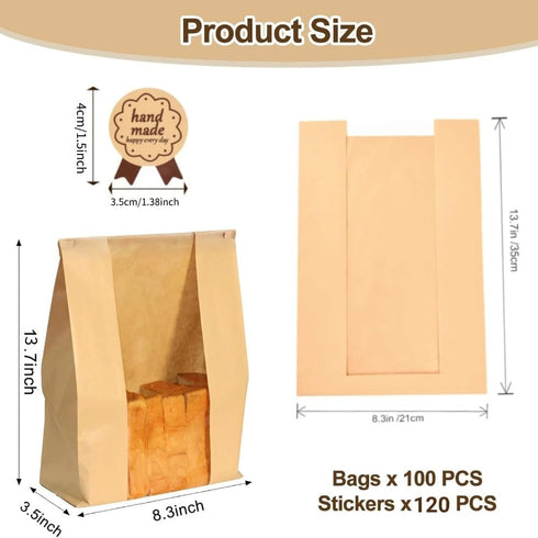 100pcs 13.7 8.3 3.5 Inch 120 Paper Bread Bags for Homemade Bread, Sourdough Bags with Window, x x Large Brown Kraft