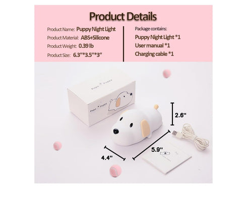 Myratts Dimmable Led Cute Dog Night Light, Nursery Puppy Kawaii Lamps, Super Squishy Silicone USB Rechargeable Touch