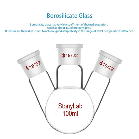 stonylab Glass 100 mL Heavy Wall 3 Neck Round Bottom Flask with Standard Taper Joint