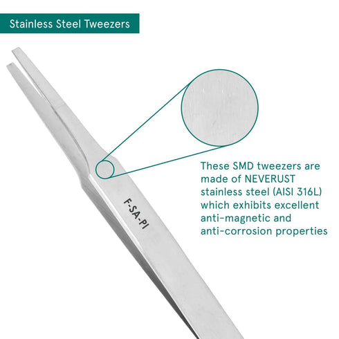Excelta F-SA-PI Tweezers, Flat Point, Straight, Two Star, Anti-Mag. SS, 0.06" Height, 0.393" Wide, 4.75" Length