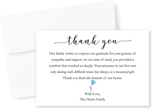 All Ewired Up Personalized Funeral Thank You Cards, Sympathy Acknowledgement Cards, Blue Floral Rose, Remembrance