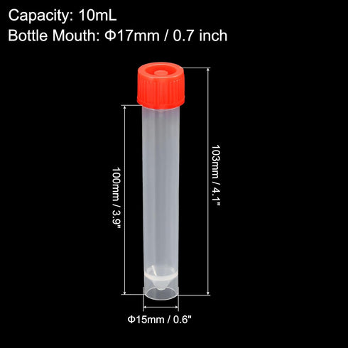 PATIKIL 10mL Plastic Test Tubes, 80 Pack Frozen Test Tube Graduated Vial Container Storage Screw Cap for Lab Laboratory Science, Red Clear