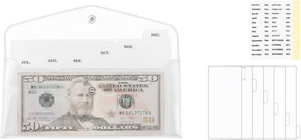Cash Envelopes Wallet Set, Clear PVC Money Holder with 6PCS Cash Divider and Tab Stickers