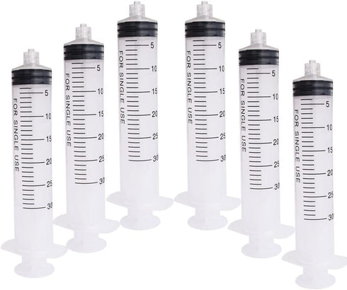 6 pcs 30 ML/CC Plastic Syringe, Disposable Individual Sealed Wrap Without Needle for Scientific Feeding