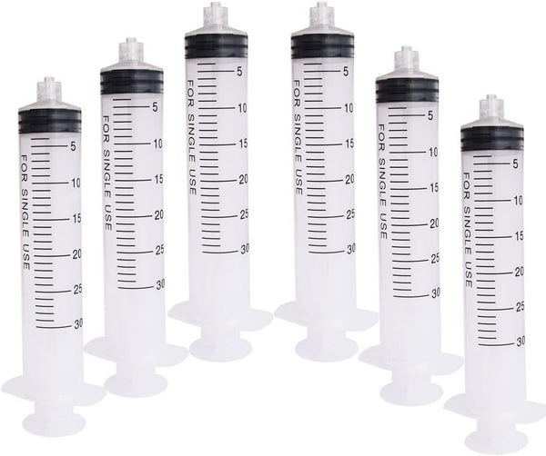 6 pcs 30 ML/CC Plastic Syringe, Disposable Individual Sealed Wrap Without Needle for Scientific Feeding