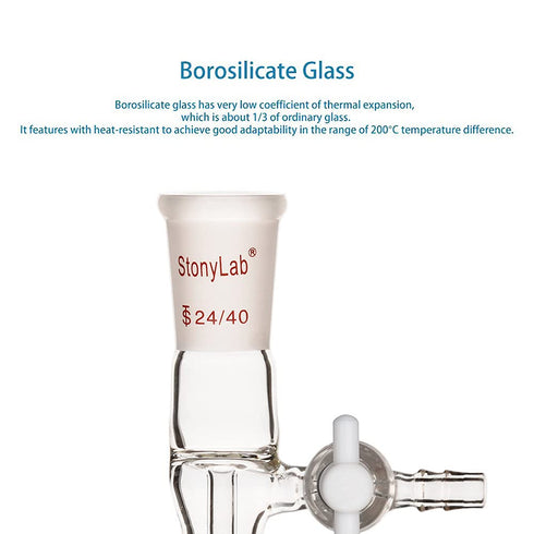 stonylab Borosilicate Glass Vacuum Flow Control Adapter with Standard 24/40 Joint and Side PTFE Stopcock