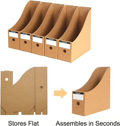 Foldable Desk File Holder Organizer - Sturdy Cardboard Magazine Storage Box with Blank Label Stickers for Home School