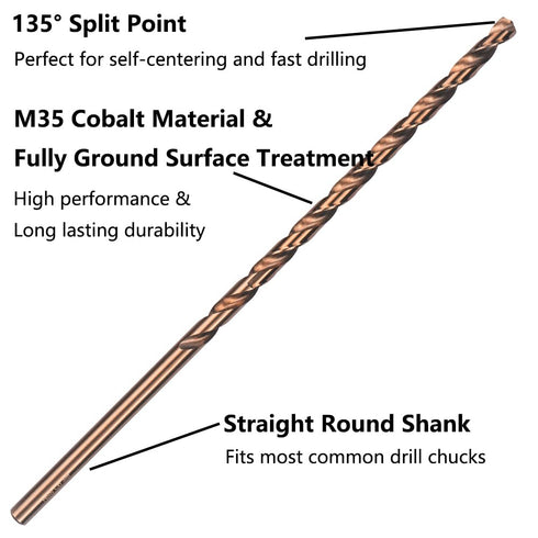 Cobalt Extra Long Drill Bits Set, 5PCS M35 High Speed Steel Extension Drill Bit for Deep Hole Drilling