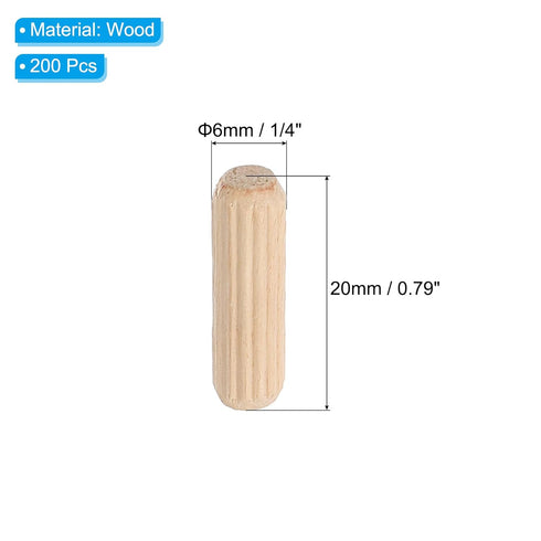 PATIKIL 1/4 Wooden Dowel Pins, 200 Pcs M6x20mm Wood Dowel Pins Hardwood Pegs Fluted Groove Easy Insertion for Crafts Furniture Door Art
