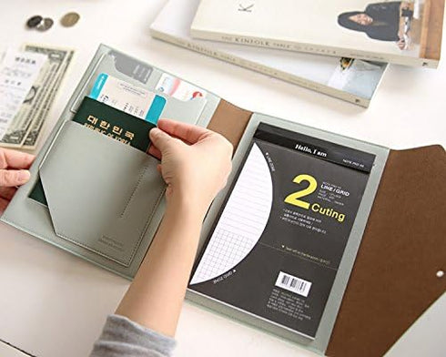 Modern Design A5 Size PU Leather Padfolio with Writing Pad, Pen Holder, Card Slots, Extra Pockets, Mint Gray