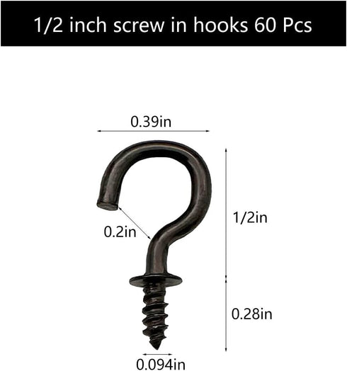 Small Black Ceiling Hooks 1/2'' Screw-in Light Hooks DIY Jewelry Hook (60 Pack)