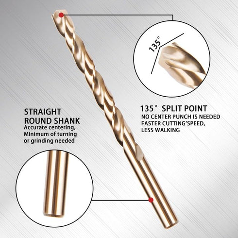 1/4 Inch Cobalt Drill Bits, 13 Pack M35 HSS, 135 Degree Tip, Jobber Length Twist Drill Bit Set for Metal and Wood