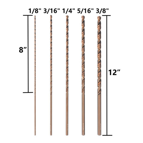 Cobalt Extra Long Drill Bits Set, 5PCS M35 High Speed Steel Extension Drill Bit for Deep Hole Drilling