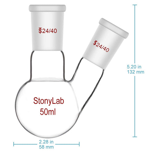 StonyLab 50ml Heavy Wall 2 Neck Round Bottom Flask with 19/22 Center and Side Standard Taper Joint