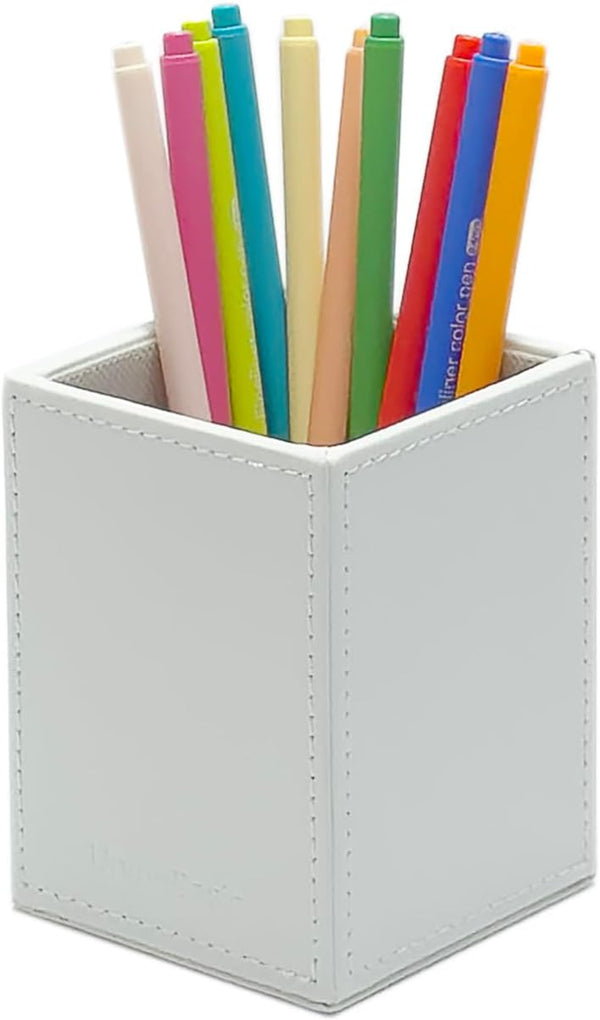 UnionBasic Square Pen Holder, White Leather Pencil Cup, Desktop Caddy Stationery Organizer