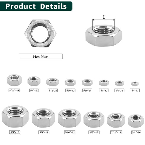 3/8"-16 Stainless Steel Hex Nuts - Bright Finish, 304 Stainless Steel 18-8 - 25 PCS